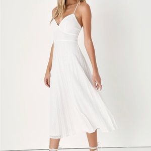 Vision of Elegance White Sequin Pleated Midi Dress